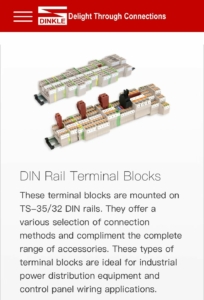 Dinkle Din Rail Terminal Blocks Photo of tan terminal blocks with red and black accessories