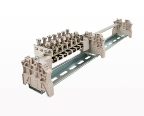Tan Terminal Blocks Assembled on Silver DIN Rail - Photo